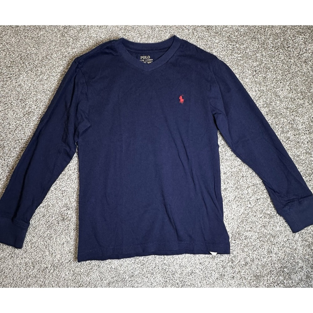 Polo Ralph Lauren Boys Long Sleeve Tee Navy Red Pony Logo Size 8 V Neck Shirt
